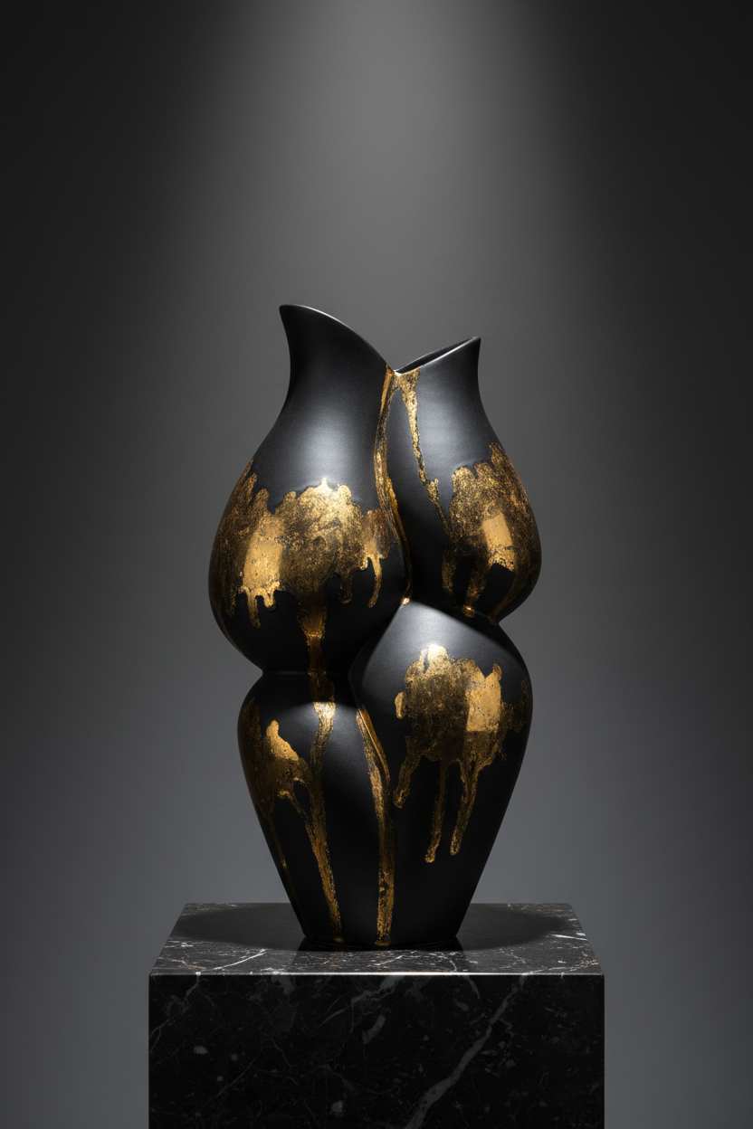 Vase Céramique Noir & Or — Céramique tourée main émail noir or 24ct